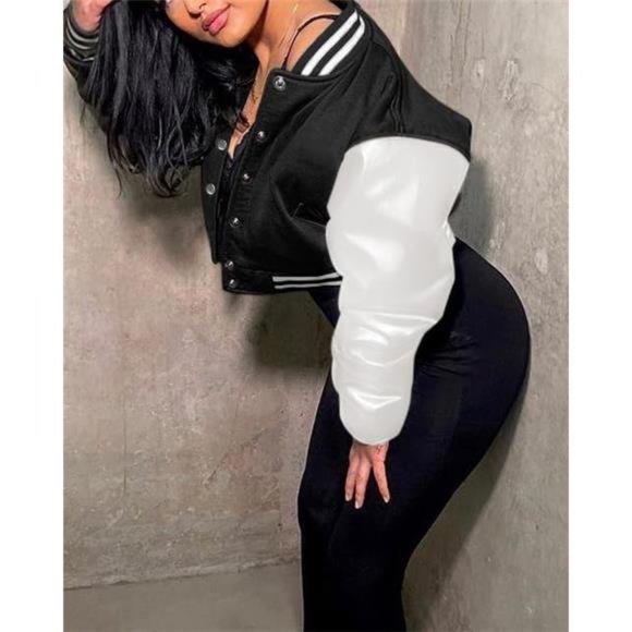 Women’s Crop Baseball Jacket Faux Leather Coat Punk Hiphop Outwear - Picture 2 of 6